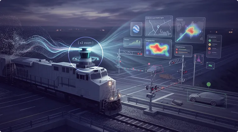 Train at a rail crossing with LiDAR sensor data and safety monitoring displays