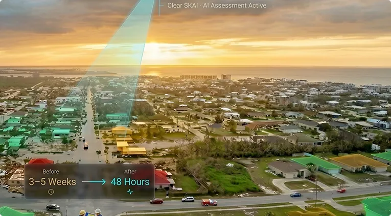 Aerial view of a coastal community with disaster response timeline overlay