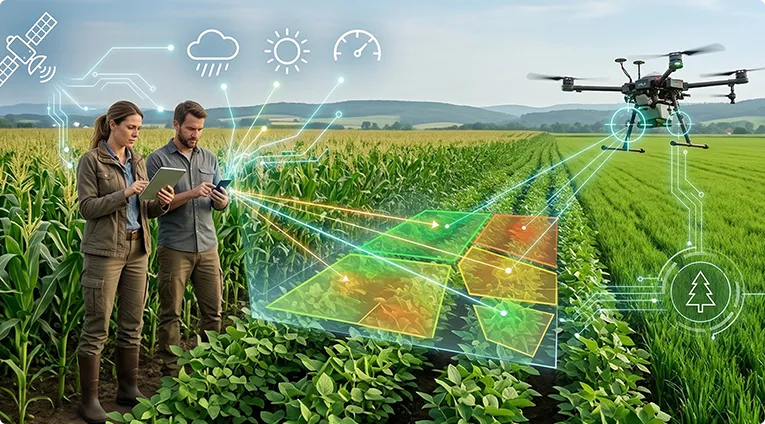 Farmers in a crop field with an AI-powered drone performing aerial analysis