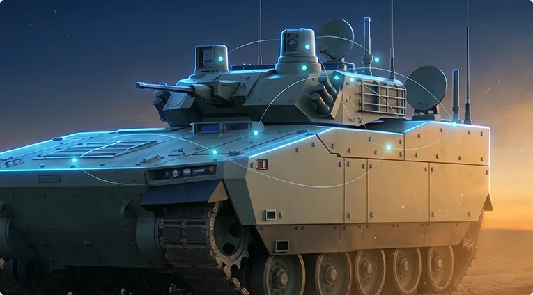 Military land vehicle with sensor overlay showing connected IoT systems